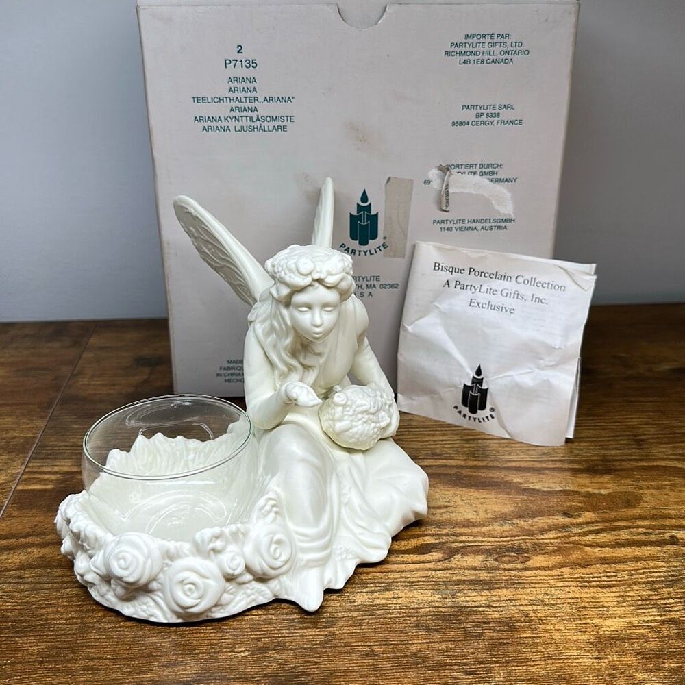 Partylite Ariana Fairy Angel Cream Bisque Tealight Votive Candle Holder w/ Glass
